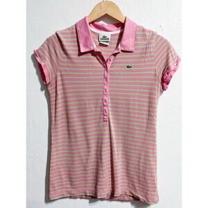 Lacoste Polo Shirt Womens Large Pink Green Striped Preppy Golf Resort Button 2yk